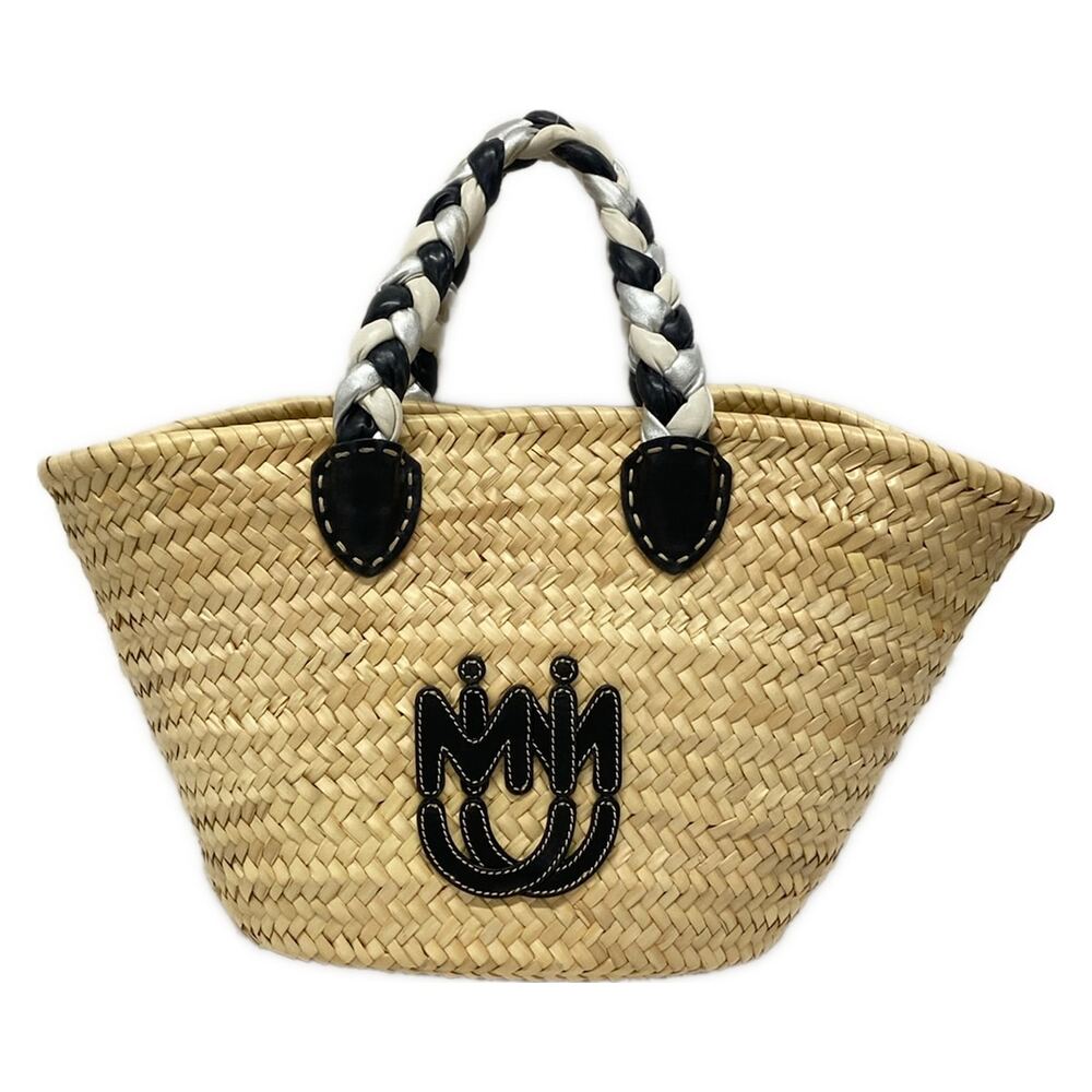 Miu Miu Tote Bag Beige Black White Raffia Leather